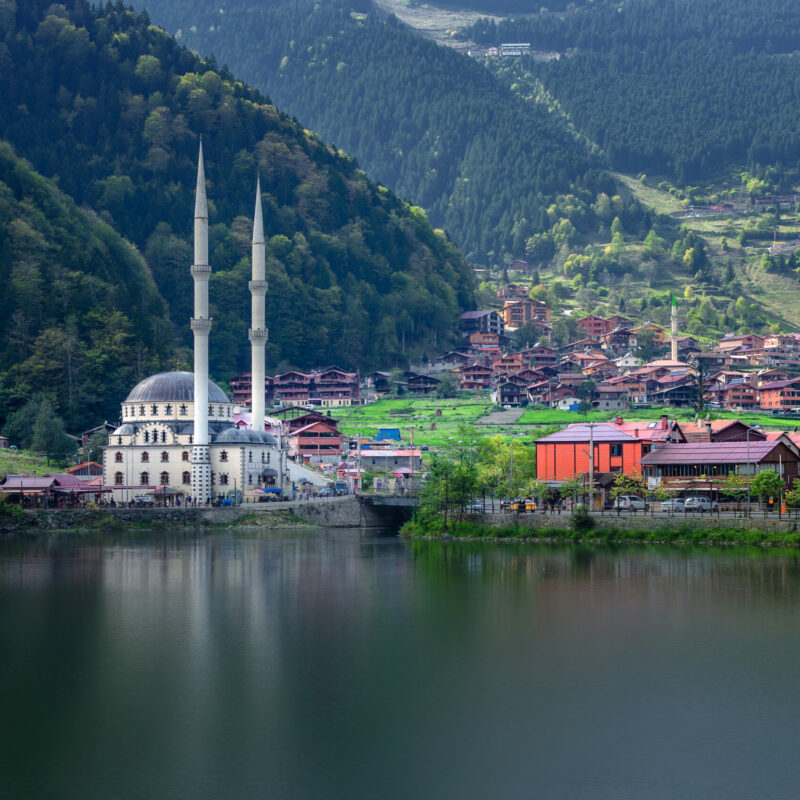 Mosque on the mountain lake Uzungol, Trabzon, Turkey